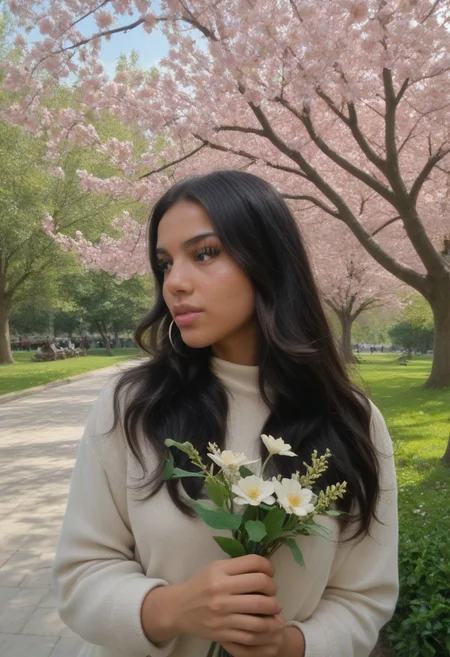 score_9, score_8_up, score_7_up, 1girl, adult, latina woman, tall, medium build, at a park, afternoon, blossoms, rays, golden hour, holding a flower, contemplating, extremely detailed textures:2.4,