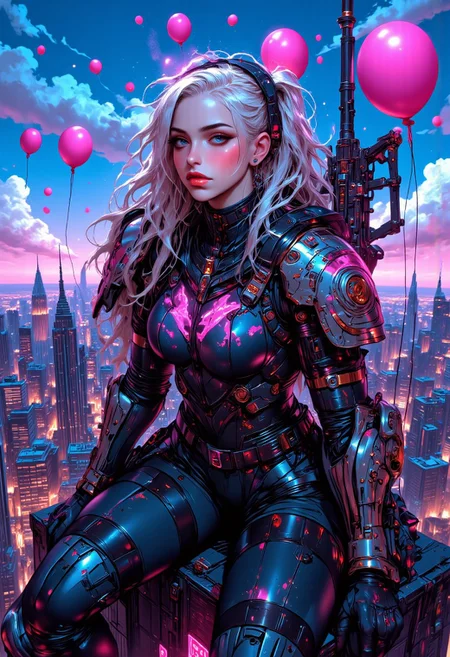 The image features a neon-haired, anime-inspired female woman dressed in futuristic, high-tech. Her armor is predominantly neon with metallic details, including shin guards, knee pads, and a chest plate, giving her a bold, commanding appearance. She is holding a large, rifle with intricate details and neon accents, suggesting a combat-ready posture. She sits on top of a building, with the New York city skyline visible in the background, showcasing iconic skyscrapers such as the Empire State Building.
The image has a dynamic composition, with the subject framed slightly to the side, her gaze directed towards the viewer. Floating around her are neon balloons, adding a surreal, dream-like quality to the scene. The vibrant neon hues contrast with the backdrop of the city and the bright blue sky, creating a striking visual effect. The character’s long, flowing neon hair further enhances the scene's fantastical and energetic feel.
The overall theme blends futuristic technology with playful, almost whimsical elements, suggesting a powerful yet light-hearted aesthetic. The setting on top of a skyscraper with a wide cityscape implies both a sense of power and detachment from the world below.
b74_aes,