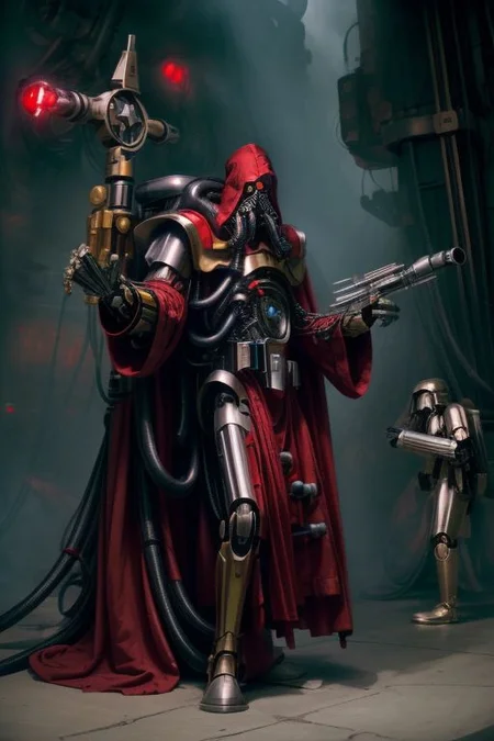 ((masterpiece,best quality)), absurdres, BREAK
mechanical arms, robes, hood, BREAK
((techpriest)), cyborg, mechanical face, mechanical limbs, gas mask, mechanical tentacles, (mechanical backpack), red cloak, BREAK
1other, solo, holding gun, weapon, gun, firearm, BREAK
(star wars),