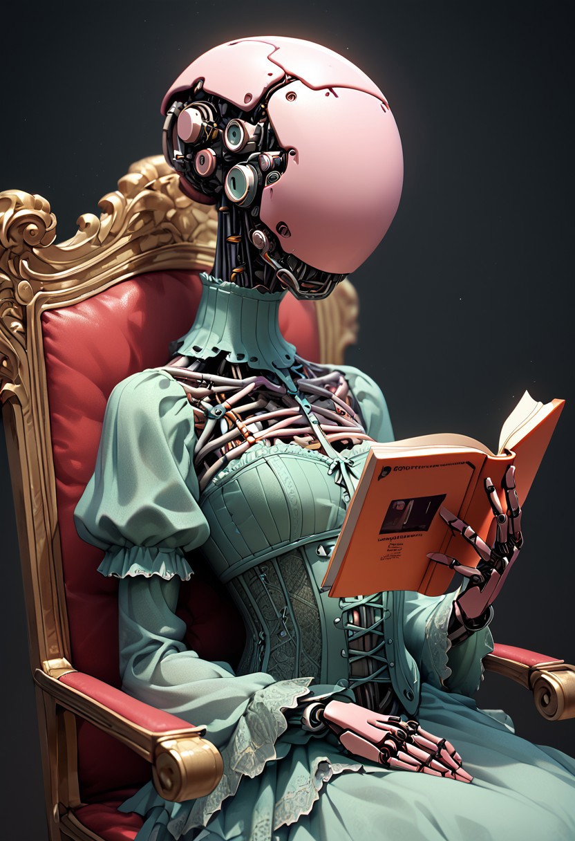 easynegative, source_anime, extremely detailed, score_9, score_8_up, score_7_up, score_6_up, object_head, h3ad, <lora:Insert_Head_Here:1>, phonogram, faceless, object_head, bio mechanical, headless, corset, holding reading, close up, head focus, portrait, no eyes, no mouth, no chin, bedroom background, sitting in chair, detailed background,