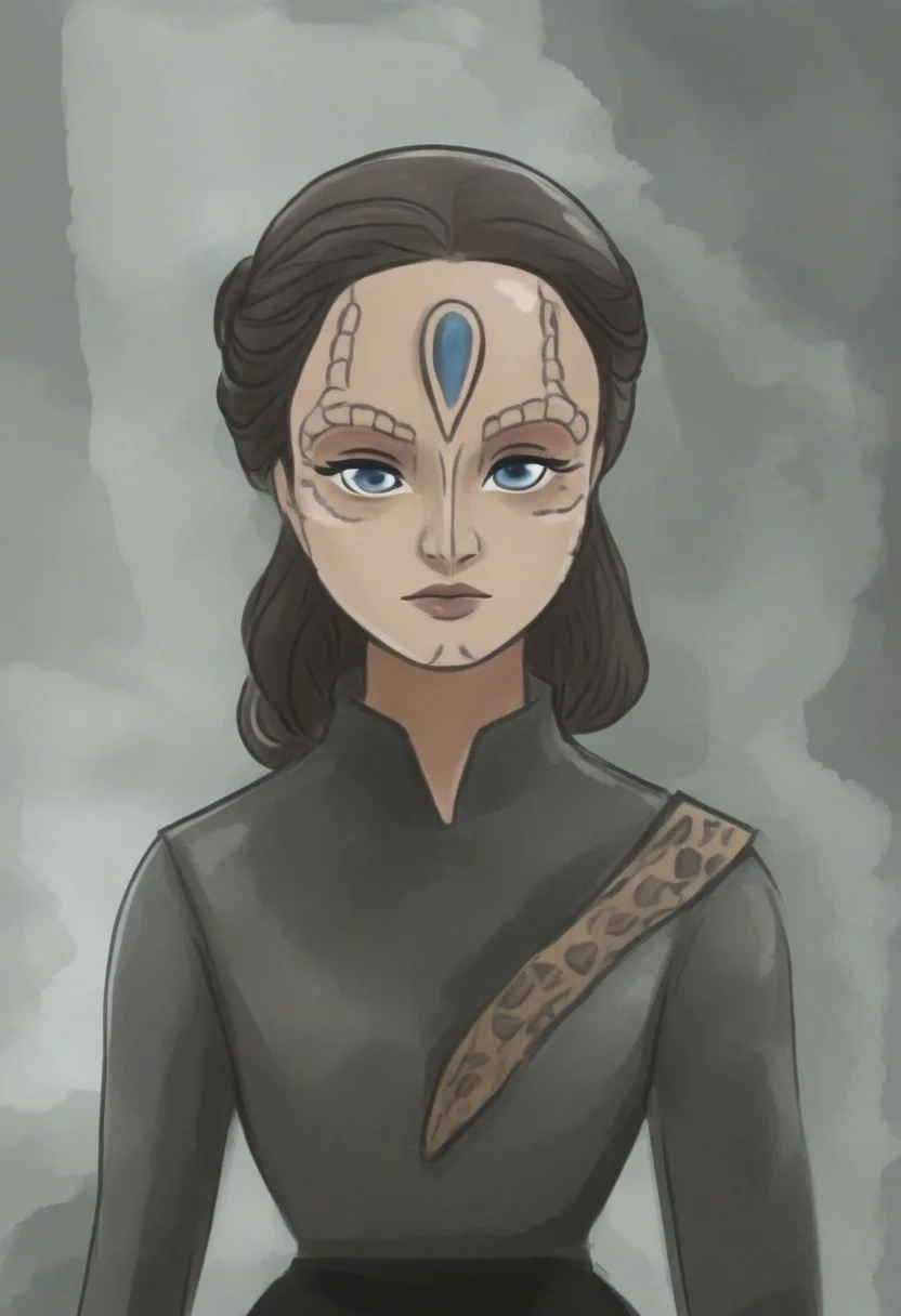 novuschroma57 style flat color cartoon vector of a female c4rd45514nalien, forehead crest, grey skin, ridges, scales, cleavage