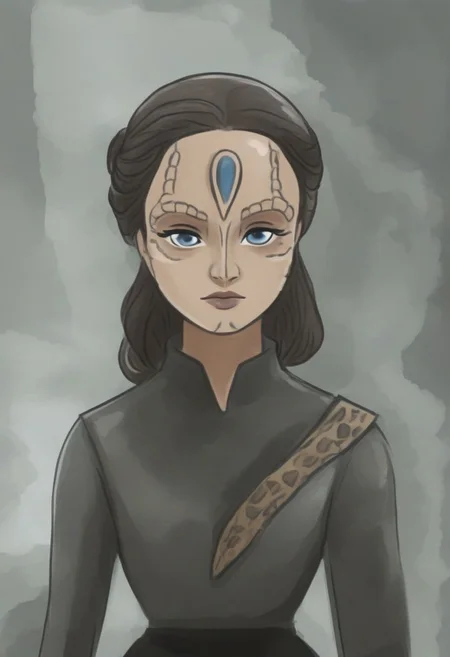 novuschroma57 style flat color cartoon vector of a female c4rd45514nalien, forehead crest, grey skin, ridges, scales, cleavage