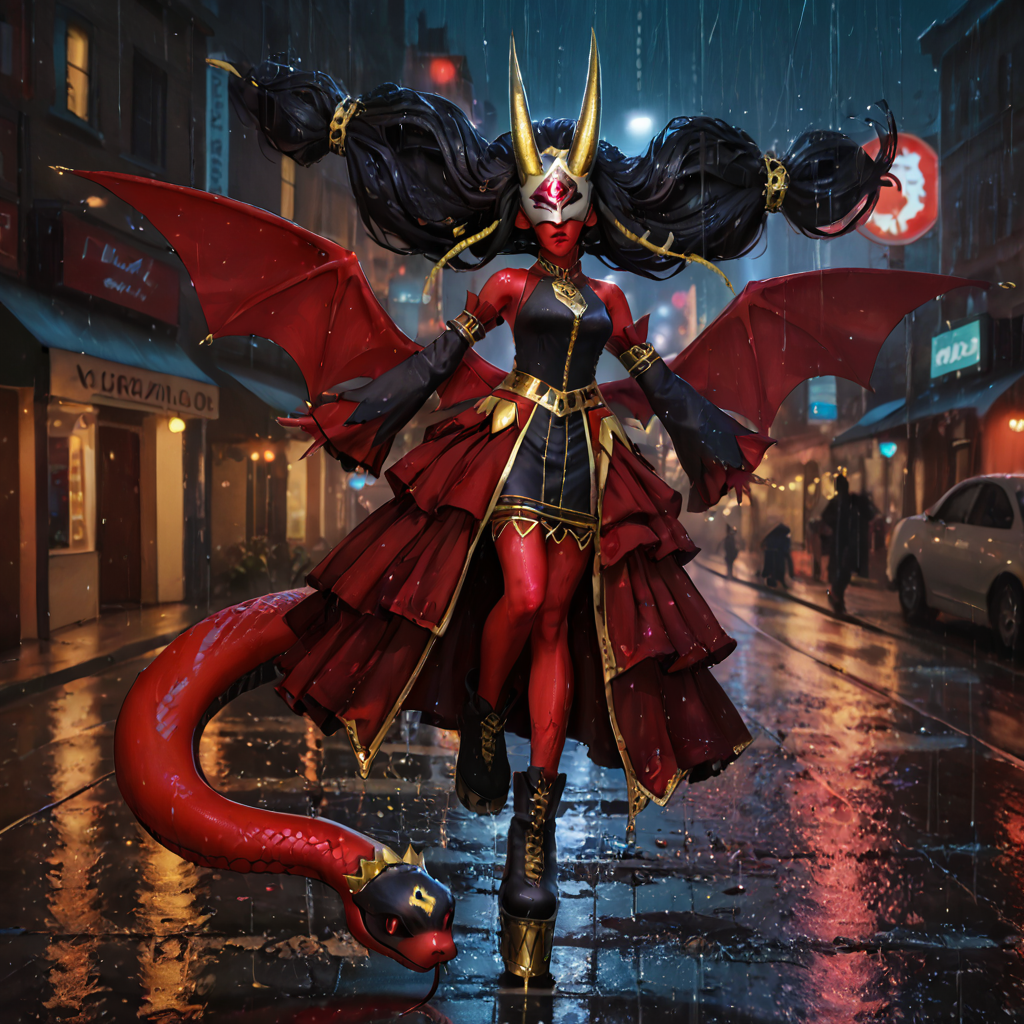 score_9, score_8_up, score_7_up,rating_safe,1girl,solo,medusamon,single eye,shirt,dress,detached sleeves,low wings,solo, hovering , floating, legs together, swirling dust on the ground , full body, in the air, in distress, shaded face, closed mouth,  sad, raised eyebrows, portrait , <lora:MedusamonPony:0.9>  large widows, night , street,  city lights, rain,  ,photo,DLSR,HDR, zPDXLrl,mask,gold horns,snake hair,red skin,black hair