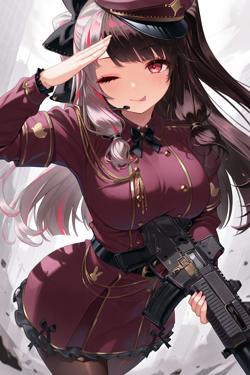 1girl, YorumiRenaNijisanji,
general, solo, perspective, dynamic angle, half body,
long hair, twintails, eyelashes, red eyes, 
large breasts,
peaked cap, military uniform, brown pantyhose,
salute, smile, one eye closed, \:p, holding gun, assault rifle,
<lora:kp_YorumiRenaNijisanji2ndCostumeIllustrious_v1_0:1.0>,
masterpiece, best quality, amazing quality