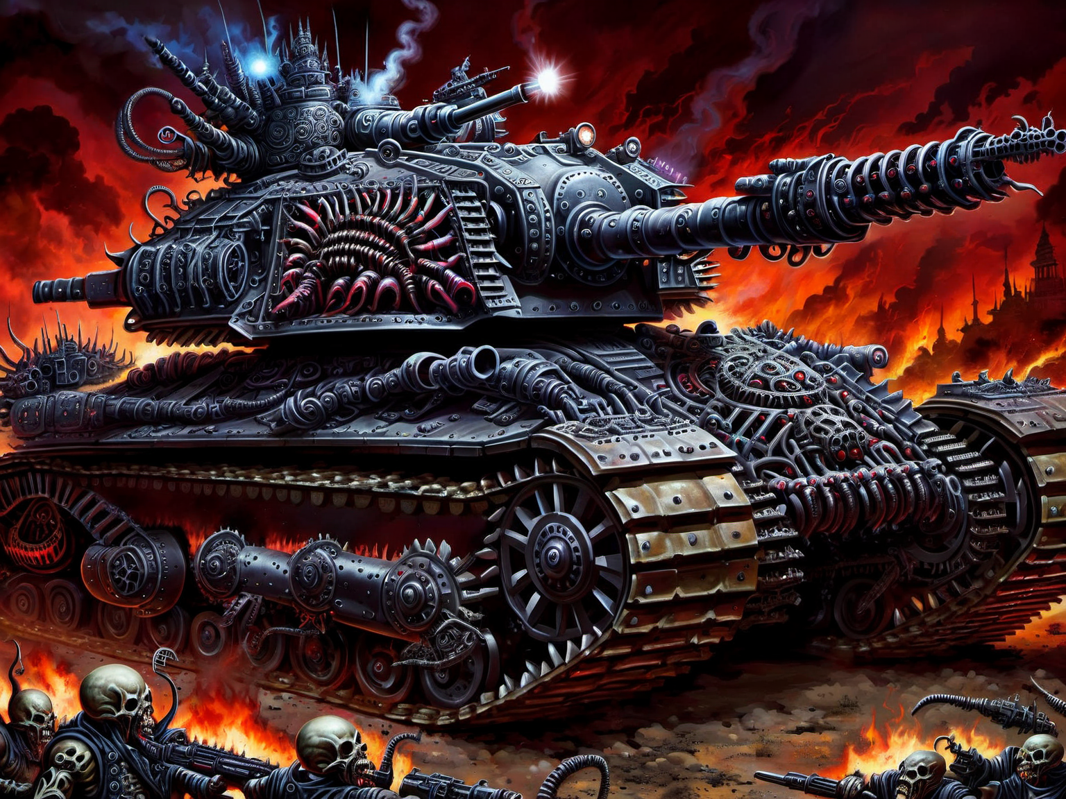 <lora:HorrorAI:.8> CosmicHorrorAI  battle tank, Highly detailed, horror setting, intricate detailed background