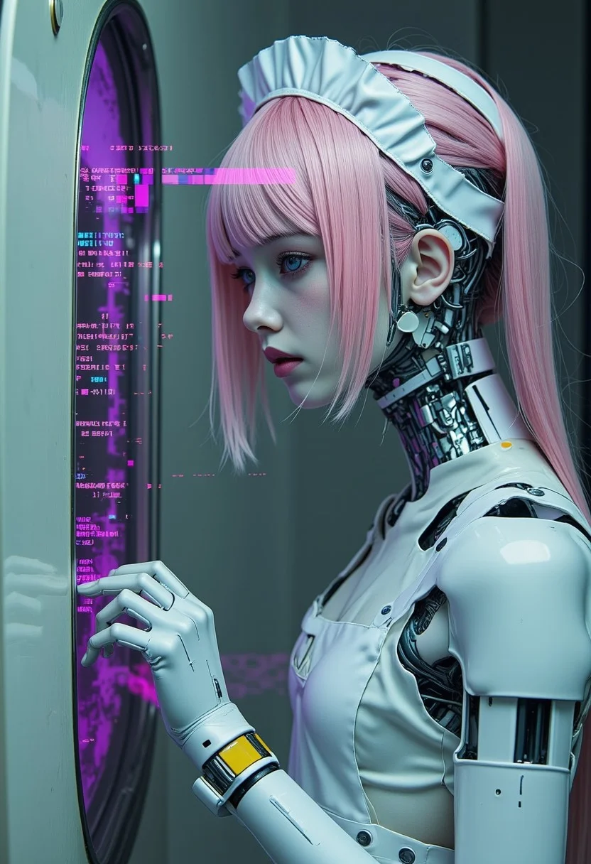Eerie head Closeup, Upper Body Closeup Portrait, A bleaked atmospheric Photo gl!tchChan with neon purple glitches, a White robot Portrait of a exoskeleton girl with pink bangs hair and eyes, torn Maid Outfit, neon-mist, futuristic cyborg body with exposed wires, cables and mechanical parts, cinematic Angle, desolate weathered and overgrown with wet moss, Large White and turquoise Art nouveau tiles, datamosh ASCII glitches forming Text messages, system error, time ist ticking