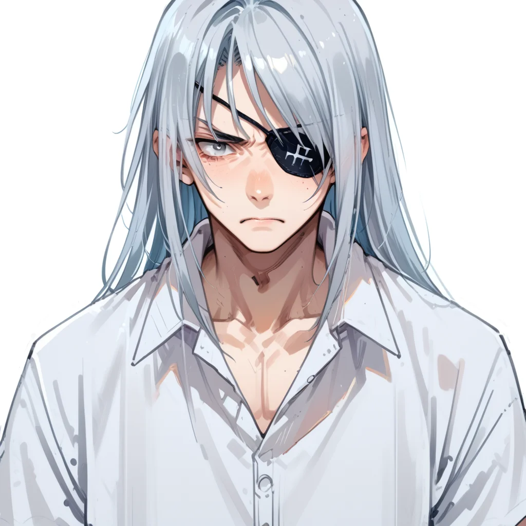 shin natsume, tenjo tenge, ah1, 1boy, long hair, gray hair, parted bangs, score_9, score_8_up, score_7_up, score_6_up, source_anime, white shirt, simple background, eyepatch, gray eye, <lora:Shin_Natsume_from_Tenjo_Tenge:1>, (Clenching a walkie-talkie with malevolent intent), (Antique vendor),