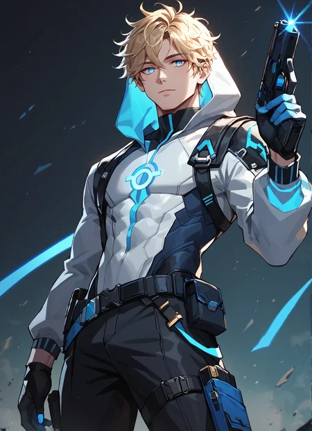 score_9_up, score_8_up, score_7_up, score_6_up, 1boy, solo, male focus, ww schuri, light blonde hair, dutch angle, hand up, peace sign, short hair, light blue eyes, light skin, white hood, futuristic white bodysuit top with glowing blue highlights, hood down, black pants with blue highlights, black gloves with blue highlights, large black blue and white gun on back, high black collar, dark fantasy art, grimdark, best_quality, masterpiece, dark cold color scheme, valorant style, dvs, <lora:sxz-valorant-smol-v2-pdxl:0.2> <lora:Concept Art DarkSide Style LoRA_Pony XL v6:0.75> <lora:Westwind_Executioner_Schuri_-_Epic_Seven-000002:0.85>