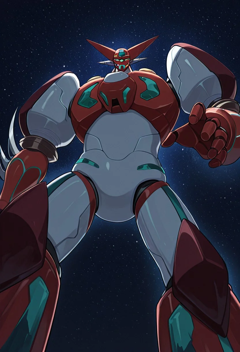 score_9, score_8_up, score_7_up, score_6_up, score_5_up, score_4_up, 4k quality, highly detailed, (shin getter, super robot, mecha), (no humans:1.1), best quality, masterpiece, floating in space, (from below, looking down:1.3)
