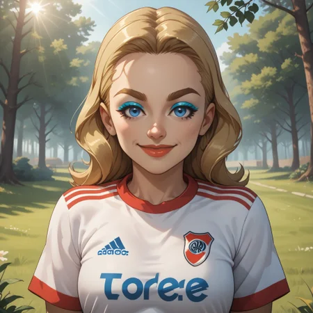 score_9, score_8, BREAK, solo, wii, mii, wii sports, 1girl, female mii, blonde hair, blue eyes, blue eyeshadow, dark blonde eyebrows, lips, RiverPlate, striped shirt, striped, shirt, white shirt, short sleeves, clothes writing, sportswear, soccer uniform, cute, nintendo mii, modern_mii, classic_mii, breasts, Holly_(Wii_Sports), sexy pose, self portrait, smile, looking at viewer, outdoors, sunlight, shadows, evening lighting, natural lighting, forest, trees, grass, orange sky, sunset