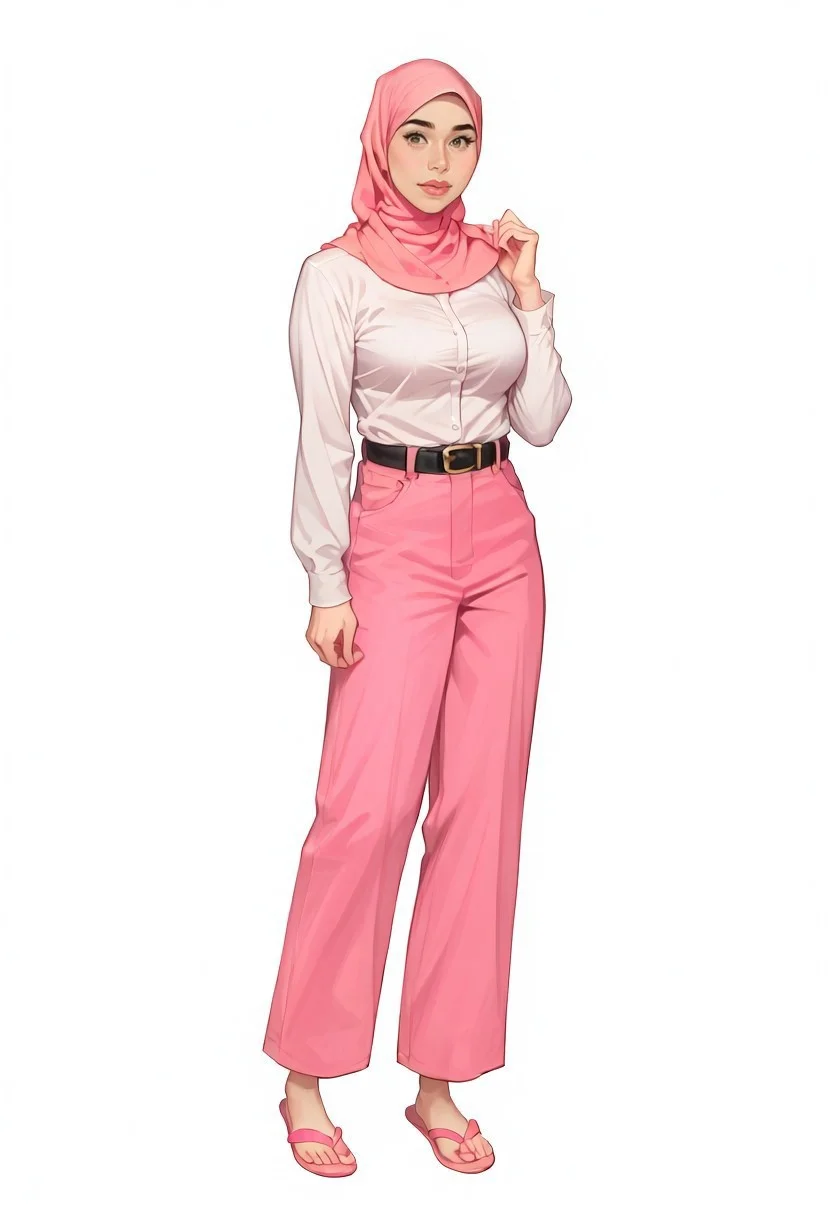 score_9, score_8_up, score_7_up,score_6_up, handfixer, 1girl, solo, alone, pink (hijab), beautiful face, asian women, beautiful wide eyes, perfect voluptuous female body proportions, perfect hands, covered perfect big breasts, white Button-down Long sleeve shirt, black belt, pink baggy pants, perfect legs, pink flip-flops, looking at viewer, standing pose, seen from the front, fullbody long shot, simple background, white background, (((Front light, Right Light, Top Light))),