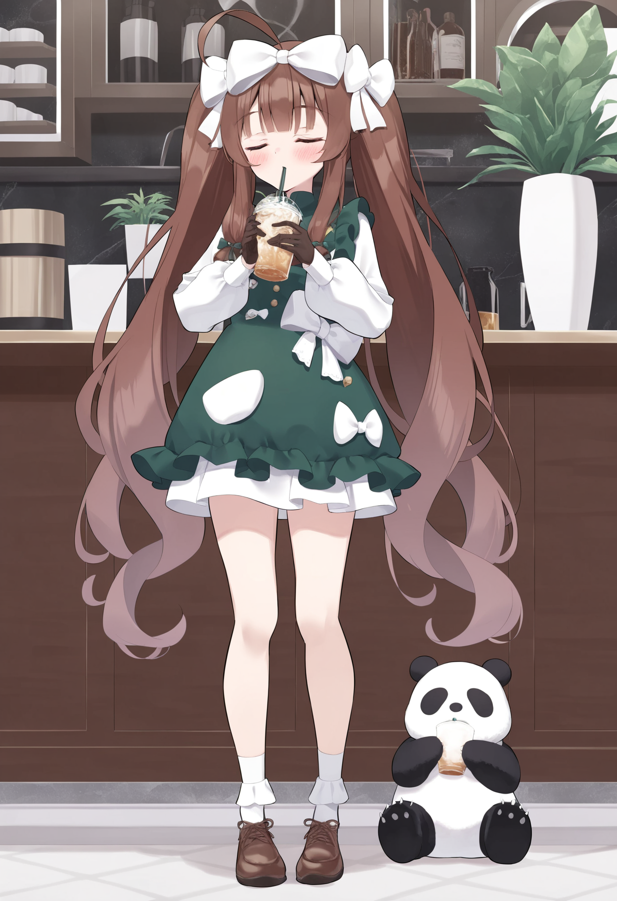 closed eyes, 1girl, long hair, white bow, brown footwear, holding, bow, shoes, hair bow, standing, ahoge, brown hair, twintails, official alternate costume, dress, bangs, full body, drinking straw, socks, long sleeves, white socks, solo, gloves, very long hair, indoors, holding cup, drinking, panda, blush, cup,
 <lora:satoumogumoguNai-style:1>, sg29satoumogustyle, masterpiece,best quality,amazing quality,