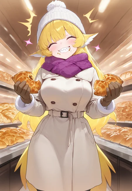 safe_pos, masterpiece, best quality, newest, absurdres, highres, vibrant, highly detailed, very aesthetic, cowboy shot,
BREAK
1girl, solo, Lucita Yellow, long yellow hair, bangs, animal ears, tail, closed eyes, sharp teeth, ((adult)), medium breasts, white knitted hat, purple warm scarf, brown fluffy winter gloves, white long warm winter coat, eating an appetizing croissant (pastry), YAY!, crumbs on cheeks, happy, ^^, ^^^,
BREAK
indoors, (bakery background:1.5), shop, bread, baguettes, croissants (pastry)