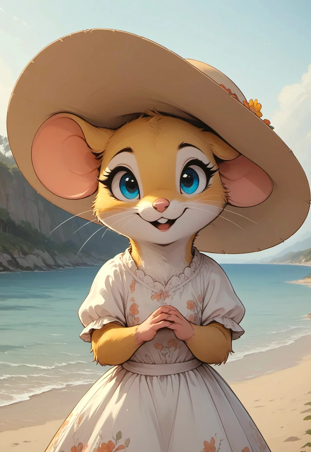 score_9, score_8_up, score_7_up, score_6_up, score_5_up, score_4_up, m0use_goldie, cute, (feral:1.7), (white floral summer dress, sun hat), outdoors, beach, side view, walking, upper body shot, head focus, close up, looking at viewer, (open mouth:0.8), yellow ears, (hands together:1.5), (mouse tail:1.3), (joyful expression:1.5),