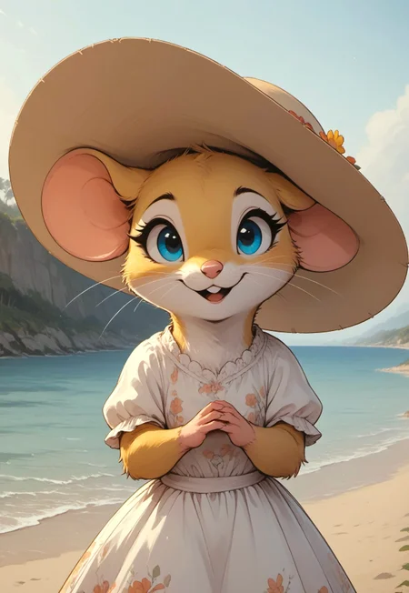 score_9, score_8_up, score_7_up, score_6_up, score_5_up, score_4_up, m0use_goldie, cute, (feral:1.7), (white floral summer dress, sun hat), outdoors, beach, side view, walking, upper body shot, head focus, close up, looking at viewer, (open mouth:0.8), yellow ears, (hands together:1.5), (mouse tail:1.3), (joyful expression:1.5),