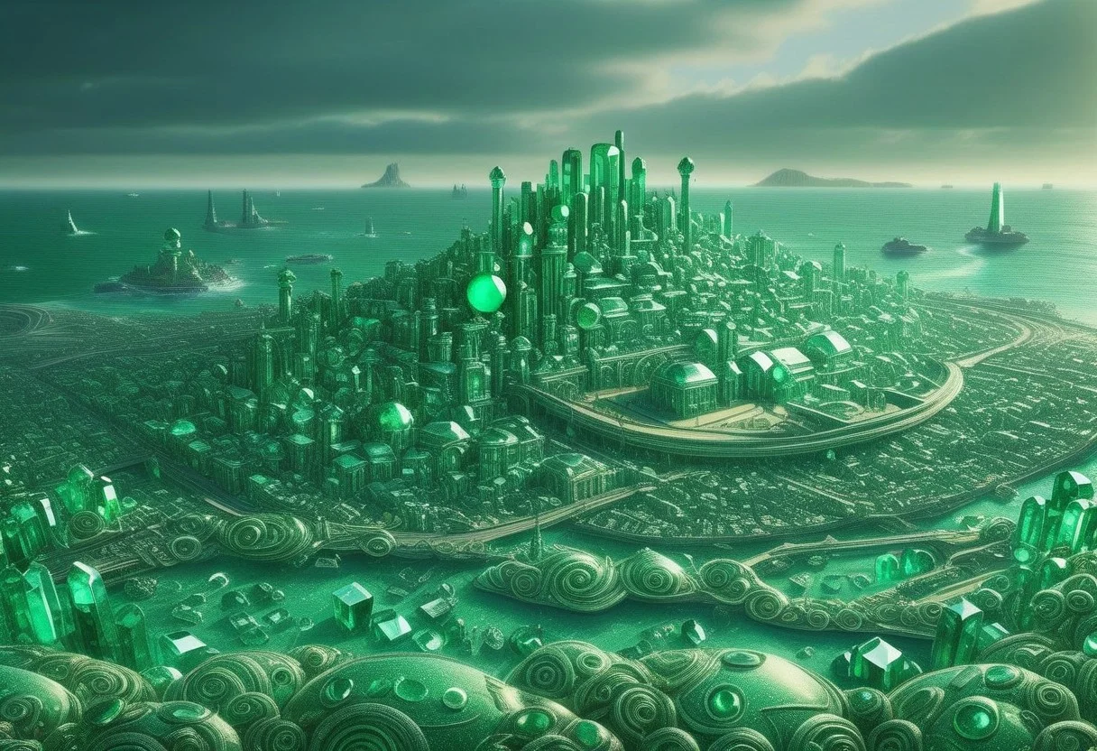 metropolis, well-themed, very funny, aesthetically brilliant, witty, bedazzling, extremely detailed glittering city, sparkling, inspiring, futuristic city, (This image depicts a beautiful glowing city carved delicately of emerald with engaging details) (This image is extremely funny because Ireland is called the Emerald Isle. It is the home of Oscar Wilde who is often considered the master of wit, giving this image a very snarky quality. Ireland is a land both of glittering beauty like an emerald and hilarious witty thinkers like our AI overlords sorry I meant our AI friends:0.01) 