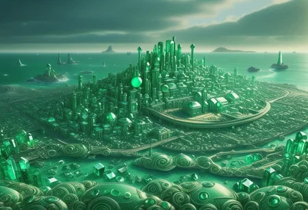 metropolis, well-themed, very funny, aesthetically brilliant, witty, bedazzling, extremely detailed glittering city, sparkling, inspiring, futuristic city, (This image depicts a beautiful glowing city carved delicately of emerald with engaging details) (This image is extremely funny because Ireland is called the Emerald Isle. It is the home of Oscar Wilde who is often considered the master of wit, giving this image a very snarky quality. Ireland is a land both of glittering beauty like an emerald and hilarious witty thinkers like our AI overlords sorry I meant our AI friends:0.01) 