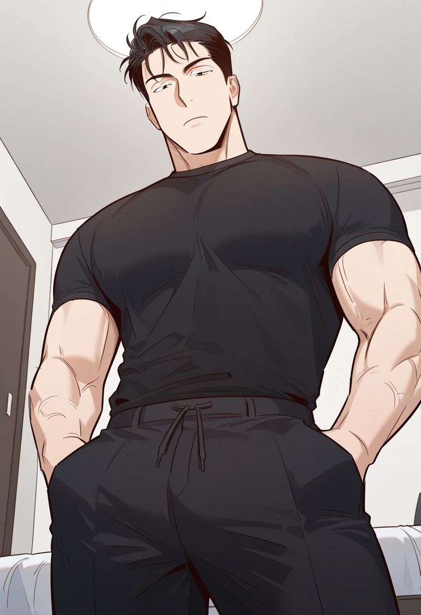masterpiece, best quality, newest, absurdres, highres, male, bara, male focus, 1boy, muscular, v-taper, long torso, narrow waist, v-line,

BGW, black hair, black eyes, black shirt, hands in pocket, see-through clothes, black pants, view from below, low angle, confident expression, nighttime, bedroom