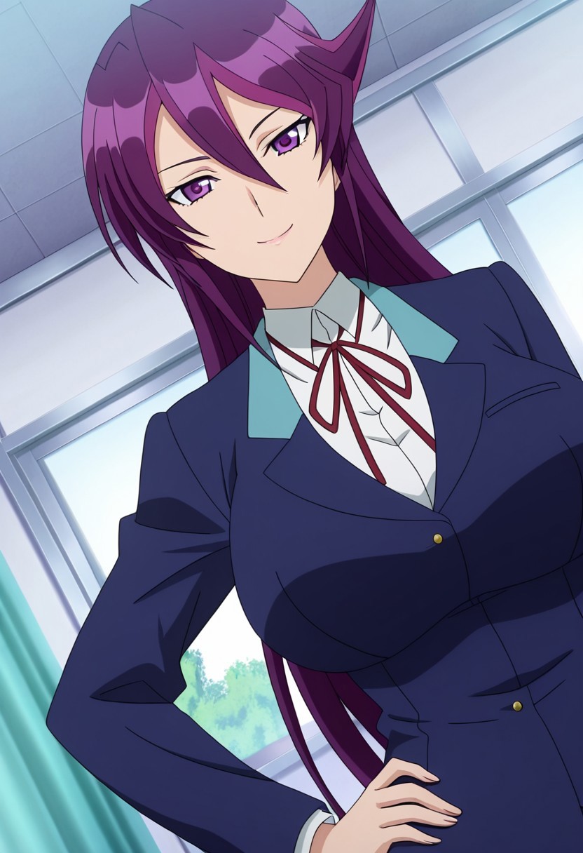 general,highres, ultra-detailed,very aesthetic,best quality ,best hands,best eyes,easynegative,
dynamic anglre, dutch angle, anime cloring,anime screencap,
1girl solo,looking at viewer, smile,school, hand on hip, 
Chikage Hizaki,purple_eyes, purple hair, long_hair, huge_breasts,school uniform,