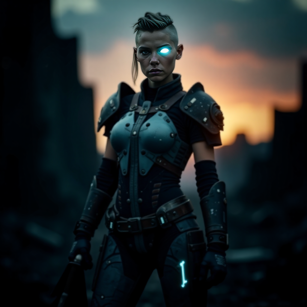 As the twilight's dim light casts an ethereal glow, a vikingpunk warrior stands proudly amidst the post-apocalyptic ruins, her advanced exosuit emitting bioluminescent electricity. Her undercut hair with shaved sides, framing her determined expression heterochromia eyes with one mechanical dimly lit eye and one natural eye, full of purpose. She wields a futuristic battleaxe, its edge shimmering with power, prepared for any trial. The desolate landscape, marked by rust and wear and heavy patina of her exosuit and weapon, becomes a stage for her resilience. The exosuit, covering her torso and legs, showcases a blend of ancient Viking culture and futuristic technology, leaving a lasting impression of strength and adaptability in this harsh, Nordic-inspired world.  <lora:flux/The beauty of realism (FLUX)>, Beauty, chiaroscuro, play of shadow and light, realistic.  <lora:flux_trainer/vikingPunk_v2_rank64_bf16-step01500:0.8>, <lora:postApocalypse_v1:0.6>, <lora:flux/Sinfully_Stylish_.02_for_FLUX-000002>,  <lora:flux/aidmaImageUpgrader-FLUX-V0.1>, detailmaximizer,  <lora:flux/perfection style v1>, perfection style, <lora:Magic of Art  2  (FLUX)>, Cinematic style, Beauty, Realism, Photorealism, Chiaroscuro, High quality,
