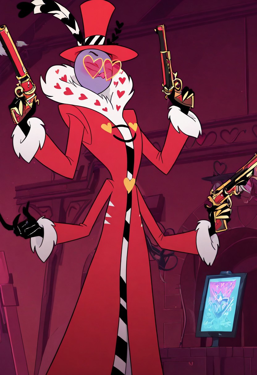 masterpiece, best quality, newest, absurdres, highres, HHStyle, 1boy, HHVal-V1.0, colored skin, Purple skin, Purple colored skin, demon boy, sharp fingerneils, HHVal-V1.0-base outfit, red coat, long coat, hat, red hat, glasses, heart shped glasses, fur-trimmed coat, fur-trimmed sleeves, fur collar, fur trim, top hat, gun, weapon, holding gun, holding weapon,