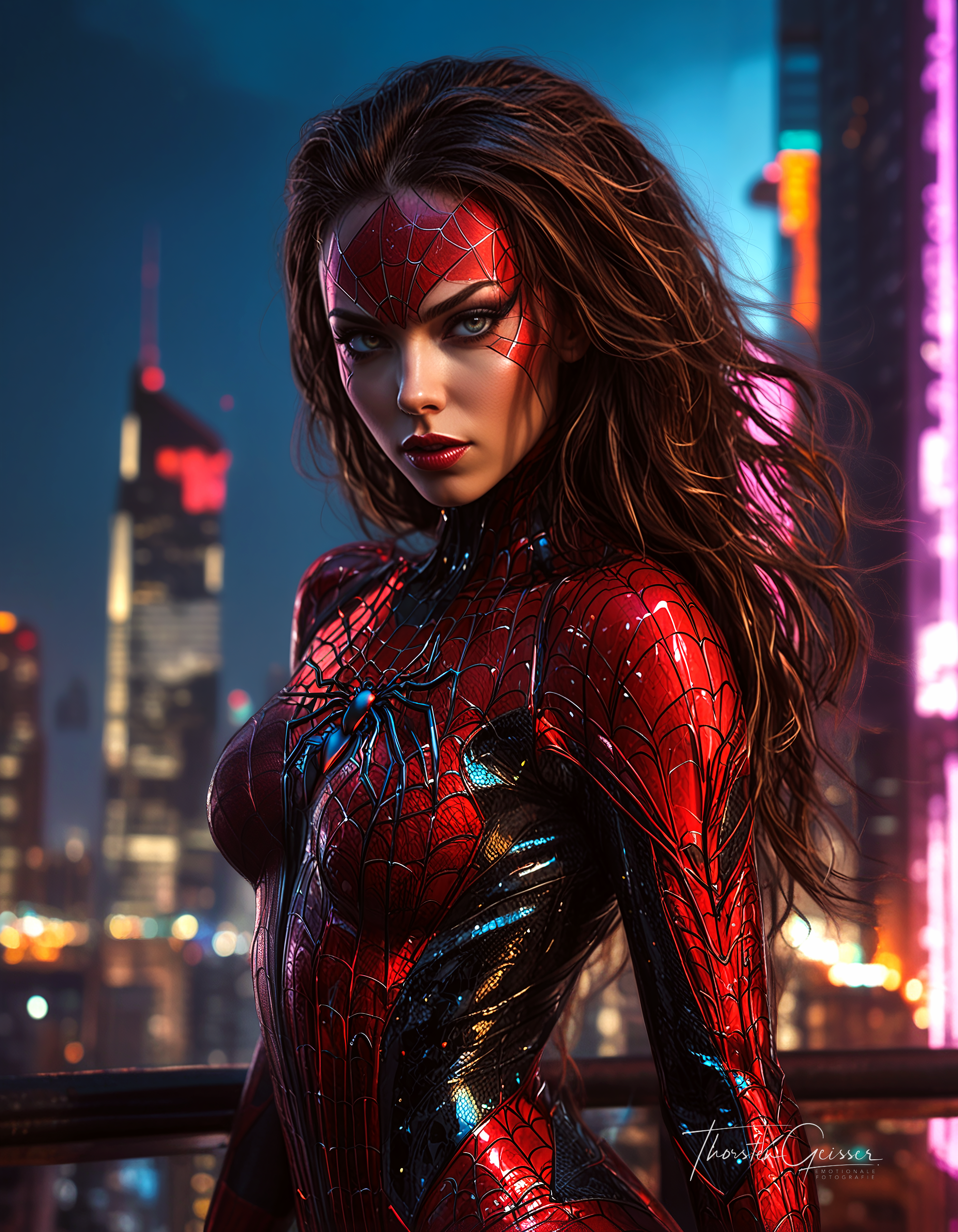 cyberpunk cityscape A photorealistic portrait of a stunningly beautiful Spider-Woman, her alluring features accentuated by her form-fitting, web-patterned suit. Her eyes, a mesmerizing shade of red or black, sparkle with a mischievous glint, hinting at her superhuman abilities and playful nature. Her long, flowing hair cascades over her shoulders, framing her face with an air of mystery and intrigue. Her pose is confident and seductive, showcasing her athletic physique and powerful presence. The background is a dimly lit cityscape, with towering skyscrapers and neon lights creating a dramatic backdrop. The lighting is dramatic, highlighting the contours of her body and the intricate details of her costume.  <lora:MJ52.safetensors:0.00>     . neon lights, dark alleys, skyscrapers, futuristic, vibrant colors, high contrast, highly detailed