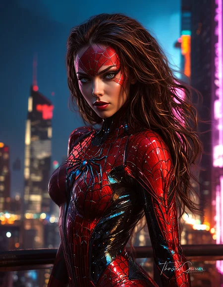 cyberpunk cityscape A photorealistic portrait of a stunningly beautiful Spider-Woman, her alluring features accentuated by her form-fitting, web-patterned suit. Her eyes, a mesmerizing shade of red or black, sparkle with a mischievous glint, hinting at her superhuman abilities and playful nature. Her long, flowing hair cascades over her shoulders, framing her face with an air of mystery and intrigue. Her pose is confident and seductive, showcasing her athletic physique and powerful presence. The background is a dimly lit cityscape, with towering skyscrapers and neon lights creating a dramatic backdrop. The lighting is dramatic, highlighting the contours of her body and the intricate details of her costume.  <lora:MJ52.safetensors:0.00>     . neon lights, dark alleys, skyscrapers, futuristic, vibrant colors, high contrast, highly detailed