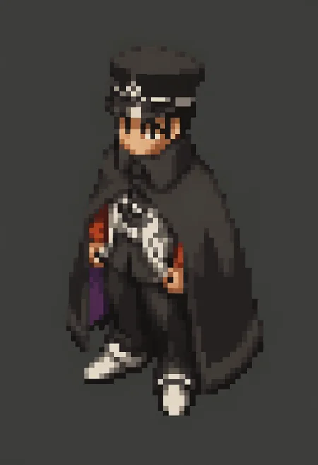score_9, score_8_up, score_7_up, source_anime BREAK, 1boy, white background, plain background
<lora:FFT-SpritesV2-pdxl_Fp:1> looking at viewer, straight-on, full body, standing, solid oval eyes, no mouth, no nose, pixel art,
<lora:zs_RaidouXL:1> raidoudsrk, short hair, black hair, black eyes, shako cap, gakuran, pants, cape, white holster