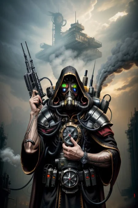 ((masterpiece,best quality)), absurdres, BREAK
mechanical arms, black robes, hood, BREAK
((techpriest)), cyborg, mechanical face, mechanical limbs, gas mask, mechanical tentacles, (mechanical backpack), BREAK
1other, solo, holding pistol, firearm, handgun, pistol, gun, BREAK
factory background, smoggy sky, air pollution, smokestacks, BREAK
(style-rustmagic),