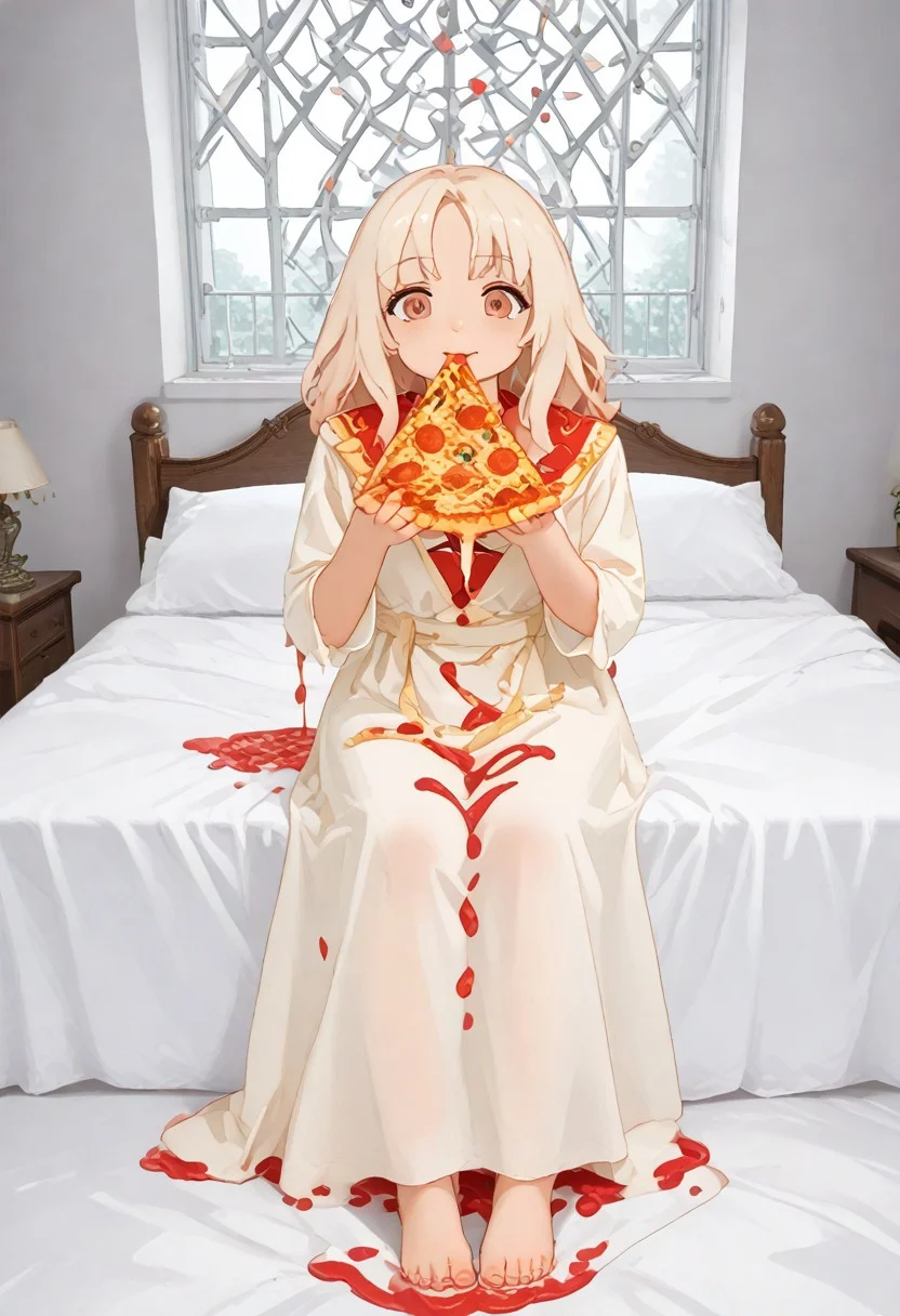 red slime girl ((eating pizza)) pizzasdx, looking at viewer (pizza melting:1.5) medieval bedroom background, masterpiece, full body sitting on bed, white bed, bed, white sheets, window, good light, perfect hands, good hands (hands on pizza) pizza