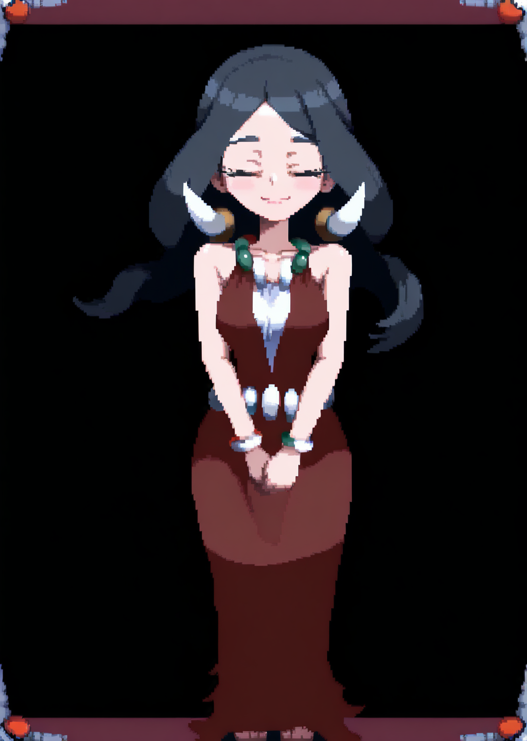 score_9, score_8_up, score_7_up, score_6_up, score_5_up, score_4_up, masterpiece,  detailed, high quality, BREAK, full body, 1girl, shiny skin,    <lora:Drasna (Pokemon X&Y) [Illustrious]:0.8> long hair, black hair, necklace, drasna (pokemon), drasna, eyes closed, hairpiece, closed eyes, mature female,  <lora:birdman46049238_I_Pixel_Art_Style_I_IllustriousXL_and_NoobAI:2>
