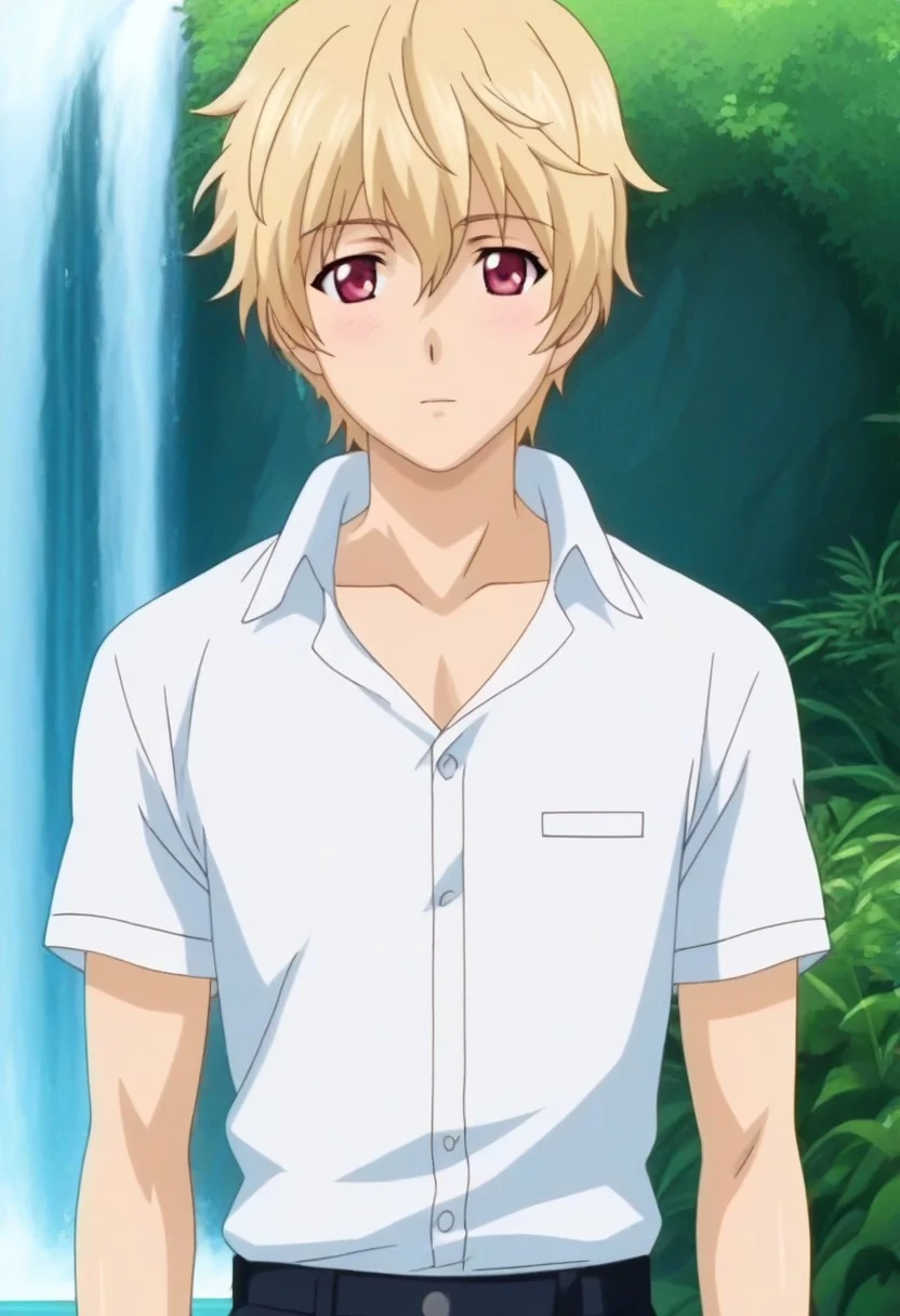 ((masterpiece)), ((best quality)), ((ultra-detailed)), ((absurdres)), score_9_up, score_8_up, score_7_up,
HD, top quality, best quality, amazing quality, High-quality illustrations, anime screencap, source_anime, best aesthetic, perfect proportions, perfect eyes, 1boy, 1male, solo boy, solo male, male focus, solo male focus, Anime, boy, male anime character, anime boy, handsome, sexy, cute, charming, ((looking at front, looking at viewer)), ((front shot, front view, view from front)), ((cowboy shot, head to hips shot)), ((tall body, tall height)), ((lean body, slim body)), Naoki Shindou, pale blonde hair, red eyes, white shirt, untucked shirt, black pants, ((nature, waterfalls)), easynegative, updn, Expressiveh, masterpiece, best quality, very aesthetic, absurdres