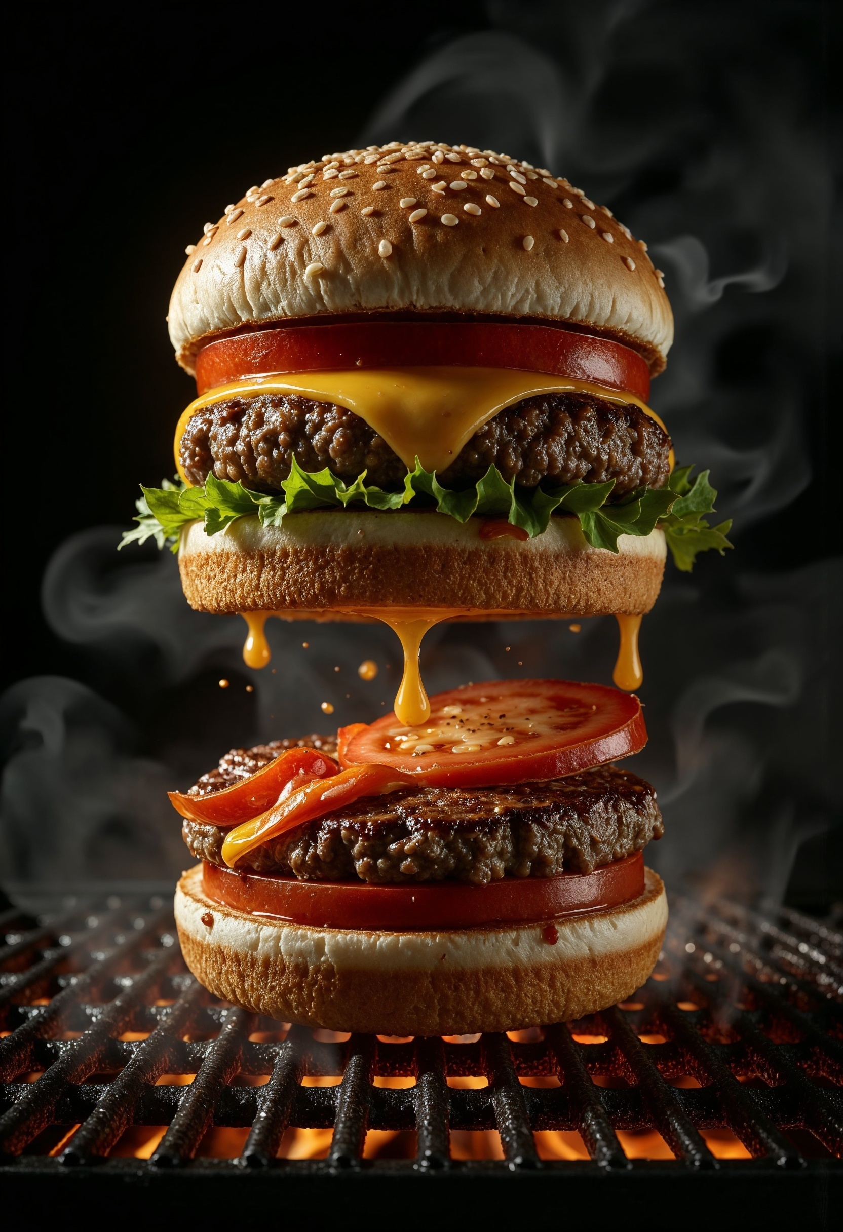 R3alism, Professional food advertising shot. Ultra-detailed 3D render of double cheese burger, deconstructed and mid-fall, with ingredients dynamically suspended as if collapsing into a stacked burger. Top sesame seed bun slightly tilted, smashed steak pickels cheeses oignon salade  tomato folding in air, grilled  tumbling, charred-edged patty falling fast, and a glossy bottom bun rising slightly beneath. Each layer lit by flickering open flames over glowing cast iron grates, with dramatic highlights and firelight reflecting off sauces. Smoke curls through the scene, cinematic product lighting, shallow depth of field, photorealistic textures and bold contrast.  <lora:FluxMythR3alism:1>