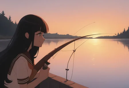 score_9, score_8_up, score_7_up, 1girl, kaju, sailor collar, serafuku, short sleeves, black hair, long hair, fishing, lake, sunset, smile, fishing rod,