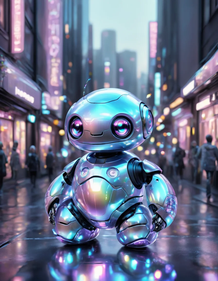 novuschroma84 style cute iridescent robot in the city <lora:novuschroma84 style:1> <lora:FaeTastic Details:1>