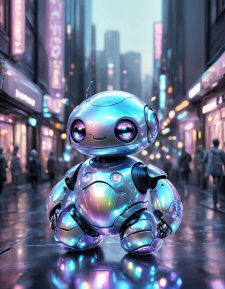 novuschroma84 style cute iridescent robot in the city <lora:novuschroma84 style:1> <lora:FaeTastic Details:1>