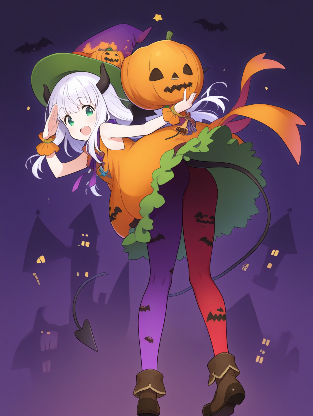 perfect quality,best quality,absolutely eye-catching,ambient occlusion,raytracing BREAK
1girl,<lora:riria kabotya IL v1.1:0.8>,kabotya,white hair,green eyes,long hair,horns,halloween,halloween costume,pumpkin,hat,sleeveless,wrist cuffs,wings,ribbon,demon tail,red legwear,purple legwear,shoes,print legwear,, pov, looking at viewer,portrait,leaning_forward,pointing,salute,convenient_leg,