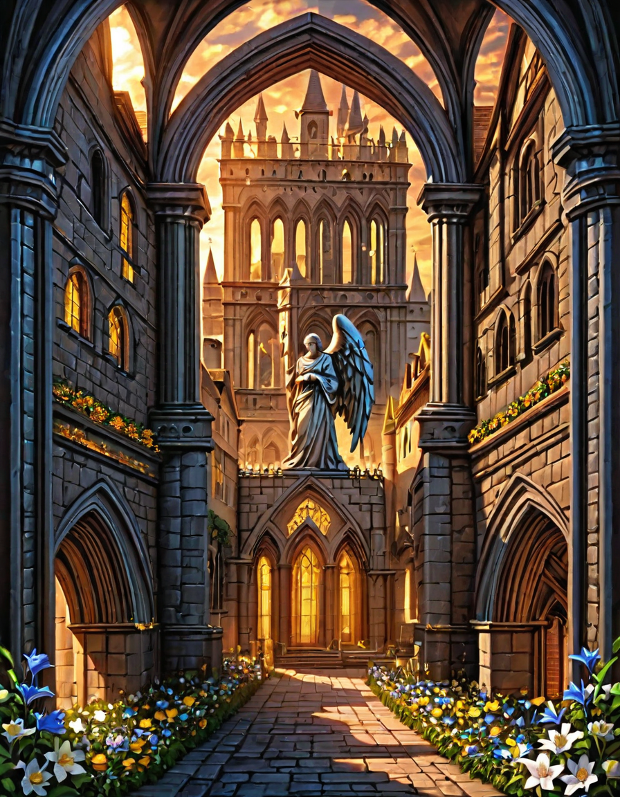 <lora:MW_Minis02xlc:1> absurdres, angel statue, arch, black, blue, bokeh, church arches, closeup, epic, epic details, epic scale, fantasy, flowers, gold, intense, m1md, medieval, medieval city, medieval cityscape, medieval windows, rocks