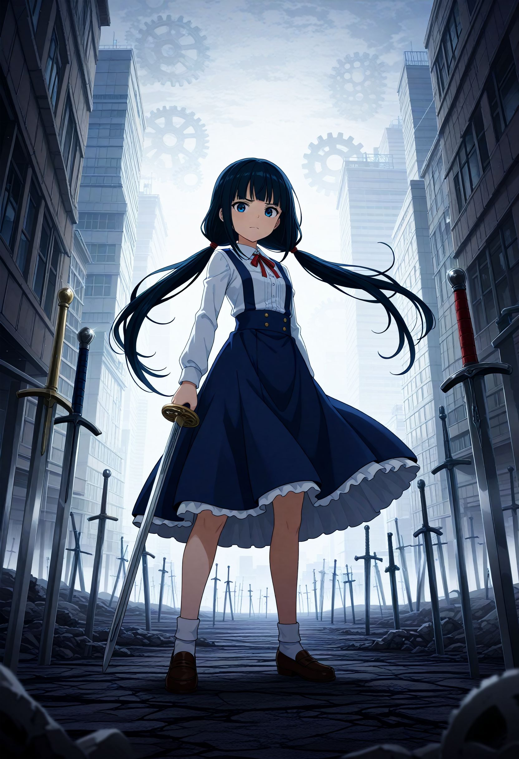 masterpiece, best quality, high quality, highres, absurdres, insanely detailed, amazing quality, very aesthetic, newest,  Anime screencap, zPDXL3, sfw
<lora:Hyper-SDXL-8steps-lora:1> <lora:StS_PonyXL_Detail_Slider_v1.4_iteration_3:2>
1girl, black hair, bangs, Straight bangs, blunt bangs, hime cut, long hair, straight hair, low twintails, long pigtails, hair tie,
dress, blue dress, white blouse, neck ribbon, bule ribbon, suspenders, suspender skirt, white socks, shoes, Loafer
<lora:illustrious_XL_ubw:0.9>
ubw, gears, weapon, planted, sword, planted sword, holding sword,
city, building, high-rise buildings, depth of field,
ruined city, devastated land, blighted, denuded, dilapidated, ruinous, run-down, shattered, squalid, waste,
fighting pose, dynamic pose, dynamic angle,