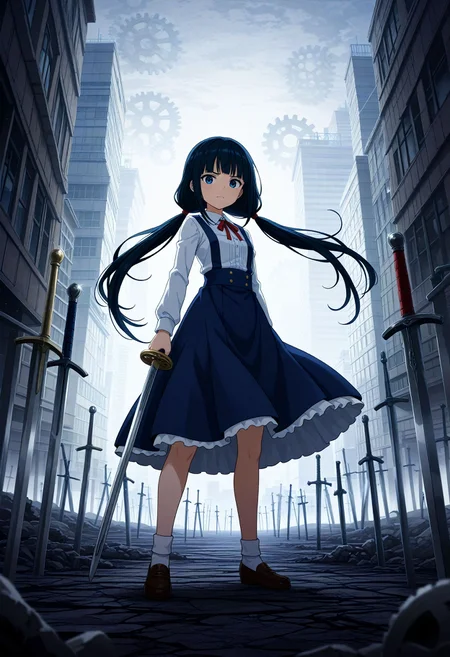 masterpiece, best quality, high quality, highres, absurdres, insanely detailed, amazing quality, very aesthetic, newest, Anime screencap, zPDXL3, sfw
<lora:Hyper-SDXL-8steps-lora:1> <lora:StS_PonyXL_Detail_Slider_v1.4_iteration_3:2>
1girl, black hair, bangs, Straight bangs, blunt bangs, hime cut, long hair, straight hair, low twintails, long pigtails, hair tie,
dress, blue dress, white blouse, neck ribbon, bule ribbon, suspenders, suspender skirt, white socks, shoes, Loafer
<lora:illustrious_XL_ubw:0.9>
ubw, gears, weapon, planted, sword, planted sword, holding sword,
city, building, high-rise buildings, depth of field,
ruined city, devastated land, blighted, denuded, dilapidated, ruinous, run-down, shattered, squalid, waste,
fighting pose, dynamic pose, dynamic angle,
