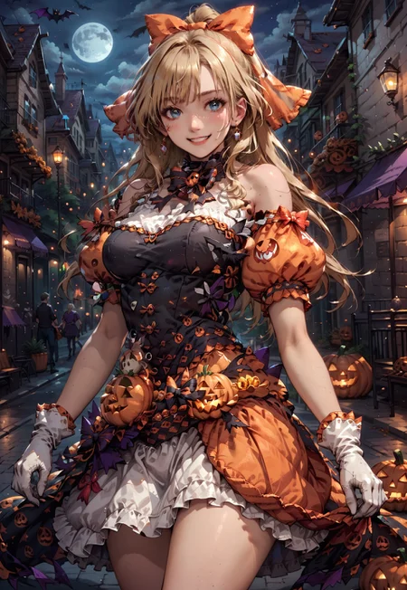 safe_pos, score_9, score_8_up, score_7_up,perfect eyes,hi_res,weenfrederika,1girl ,solo, blonde hair ,gloves ,bow hair, bow, white gloves, blue eyes, ,long hair , puffy sleeves , ponytail, breasts, bangs, puffy short sleeves, dress, short sleeves, red bow, skirt ,bare shoulders, ribbon , night, streets,outside,moon,halloween,smile