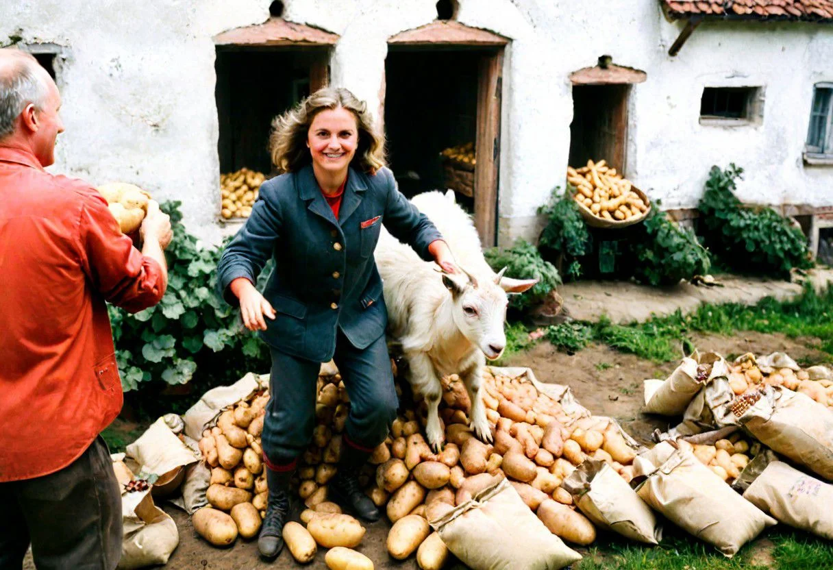 Polish people, dancing around potatoes, grey communal block, film photography, 1981, a pet goat is in the foreground, summer, courtyard, bags of potatoes, film grain, Poland, communism, historic, silly, parody, 1980s clothing, Polish, daily life, natural light, candid, highly detailed, happy people, Nowa Huta, accurate faces, textured fur, SLR, amazing quality,