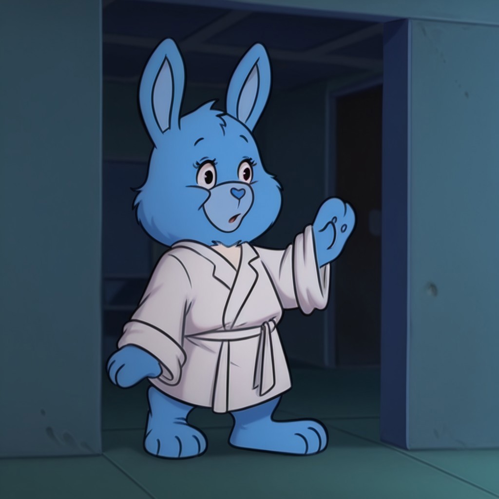 masterpiece, best quality, amazing quality,  swiftHrtil, semi-anthro, female, rabbit_girl, blue fur, black eyes, white robe, white sash, inside,