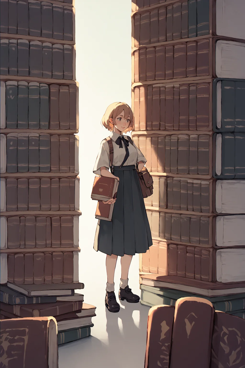<lora:mini-people:1> minipoeple, minigirl, woman standing next to regular sized book, regular sized objects,  <lora:RD-MAnon-XLV1.1:1>, , source_anime, score_9_up, score_7_up, score_8_up