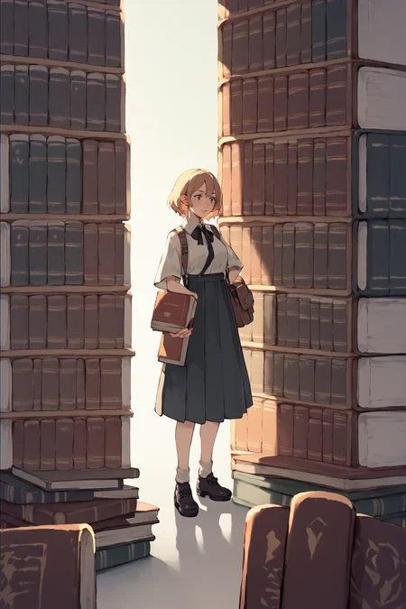<lora:mini-people:1> minipoeple, minigirl, woman standing next to regular sized book, regular sized objects, <lora:RD-MAnon-XLV1.1:1>, , source_anime, score_9_up, score_7_up, score_8_up