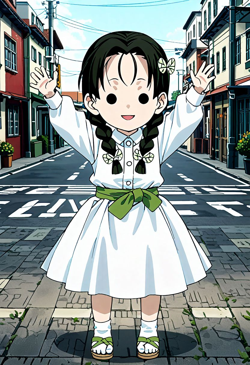 <lora:Hyper-SDXL-8steps-lora:1><lora:Fixhands_anime_bdsqlsz_V1:1> zPDXL2, score_9, score_8_up, score_7_up, source_anime, intricate details, perfect anatomy BREAK
1girl, solo, chibi, (ds-takadanaho, green hair ribbon, green butterfly hair ornament, twin braids:1.3), black hair, black eyes, collared shirt, white dress, green obi, white skirt, white socks, green sandal,
downblouse, arms up, Dopey, Wide-eyed, slack-jawed, and with a goofy expression.,
outdoors, city, tokyo, japan,
<lora:ds-butterfly_mansion_girls_XL(pony)v10:1>