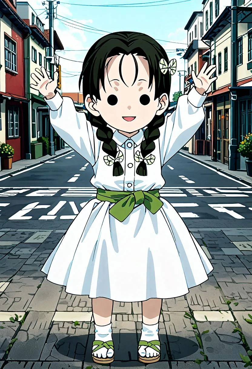 <lora:Hyper-SDXL-8steps-lora:1><lora:Fixhands_anime_bdsqlsz_V1:1> zPDXL2, score_9, score_8_up, score_7_up, source_anime, intricate details, perfect anatomy BREAK
1girl, solo, chibi, (ds-takadanaho, green hair ribbon, green butterfly hair ornament, twin braids:1.3), black hair, black eyes, collared shirt, white dress, green obi, white skirt, white socks, green sandal,
downblouse, arms up, Dopey, Wide-eyed, slack-jawed, and with a goofy expression.,
outdoors, city, tokyo, japan,
<lora:ds-butterfly_mansion_girls_XL(pony)v10:1>