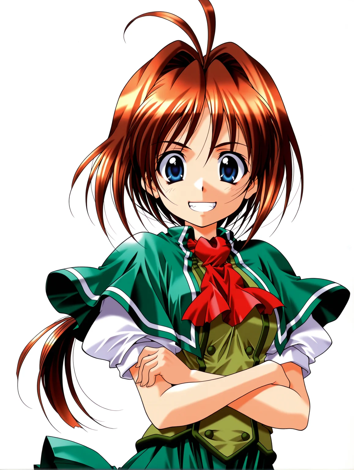 masterpiece,best quality,amazing quality,
1girl,solo,
<lora:wakatsuki_kotomi_ilxl_v1.0:1>,w_kotomo,ahoge,brown hair,blue eyes,low ponytail,long hair,
k_clothes,green capelet,ascot,green vest,puffy short sleeves,green pleated skirt,
<lora:Fixhands_anime_bdsqlsz_V1:1>,crossed arms,grin,white_background,simple_background,looking_at_viewer,