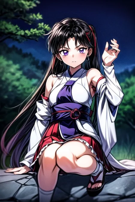 masterpiece, best quality 1girl Setsun4 solo long hair, (night time) forest background black hair very long hair purple eyes multicolored hair armor (fur trim) (medium body),<lora:EMS-179-EMS:0.800000>,<lora:EMS-293862-EMS:0.800000>ascot, bare shoulders, black footwear, detached sleeves, embellished costume, frills, japanese clothes, nontraditional miko, red skirt, sandals, sarashi, skirt, socks, armor, miko