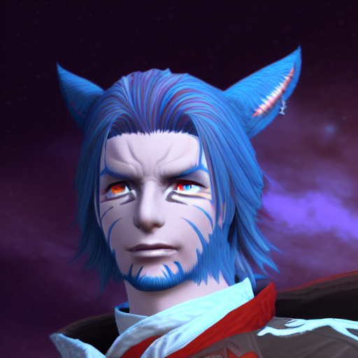 face_2_xiv, catboy, animal ears,  1boy, male focus, solo, facial mark, blue hair, cat ears, portrait, red eyes, facial hair, cat boy, star (sky), short hair, miqo'te, ffxiv, 3d